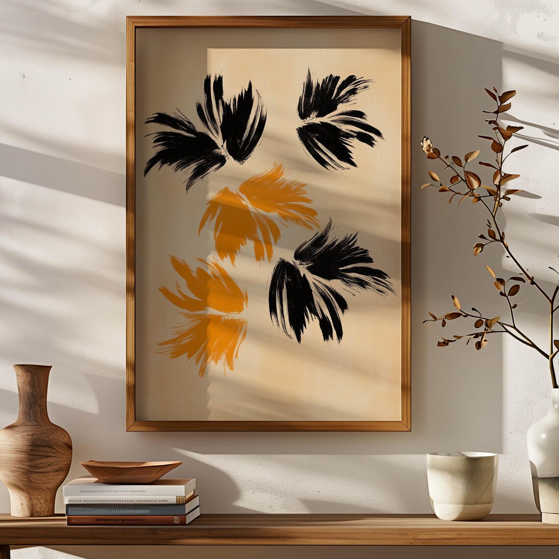 Black And Orange Brush Stroke Feather Shapes Abstract Art Poster - Image 2