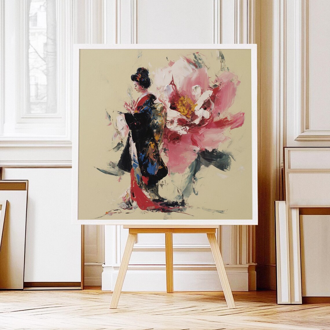 Abstract Geisha in Kimono With Pink Peony Modern Floral Painting Poster