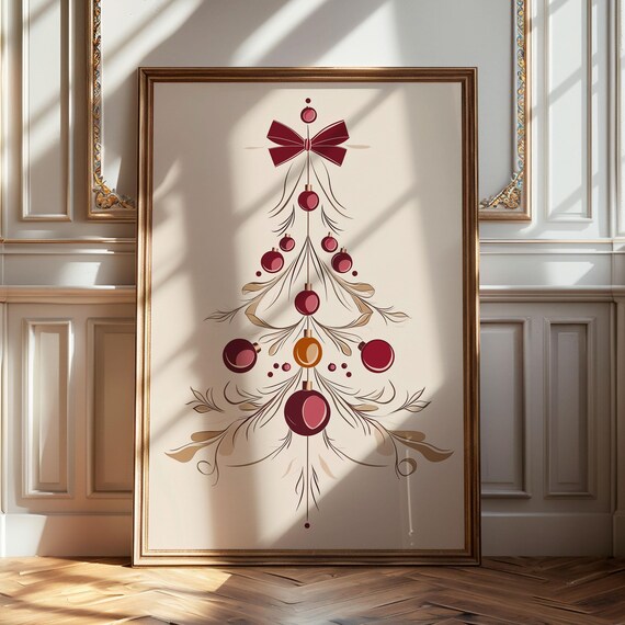 Abstract Line Art Christmas Tree Red Ornaments Holiday Poster