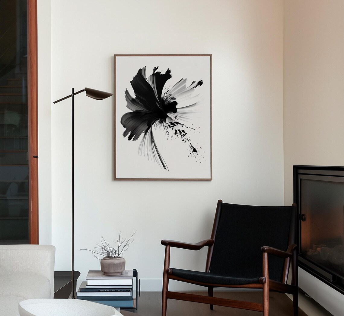 Black Ink Brush Abstract Flower Modern Minimalist Art Poster
