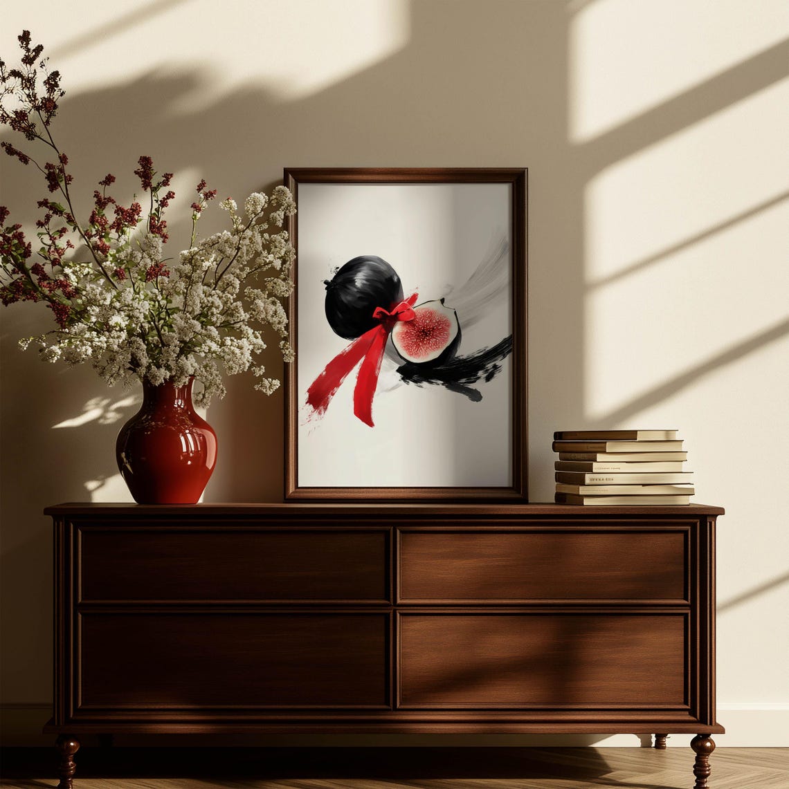 Fig Fruit Red Bow Ink Brushstroke Modern Botanical Art Poster - Image 3