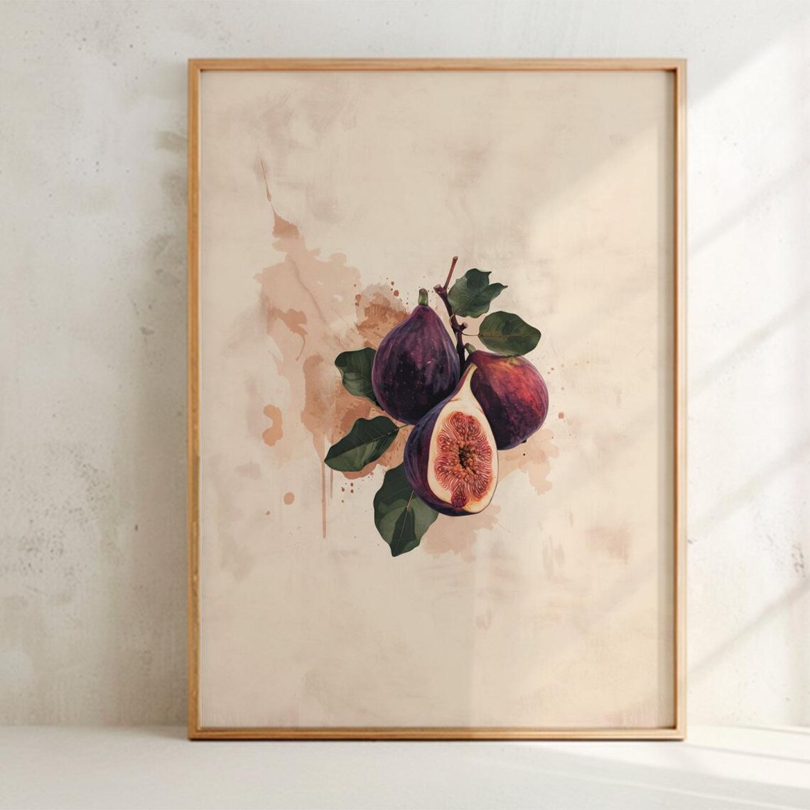 Watercolor Cluster of Dark Figs With Green Leaves Soft Art Poster