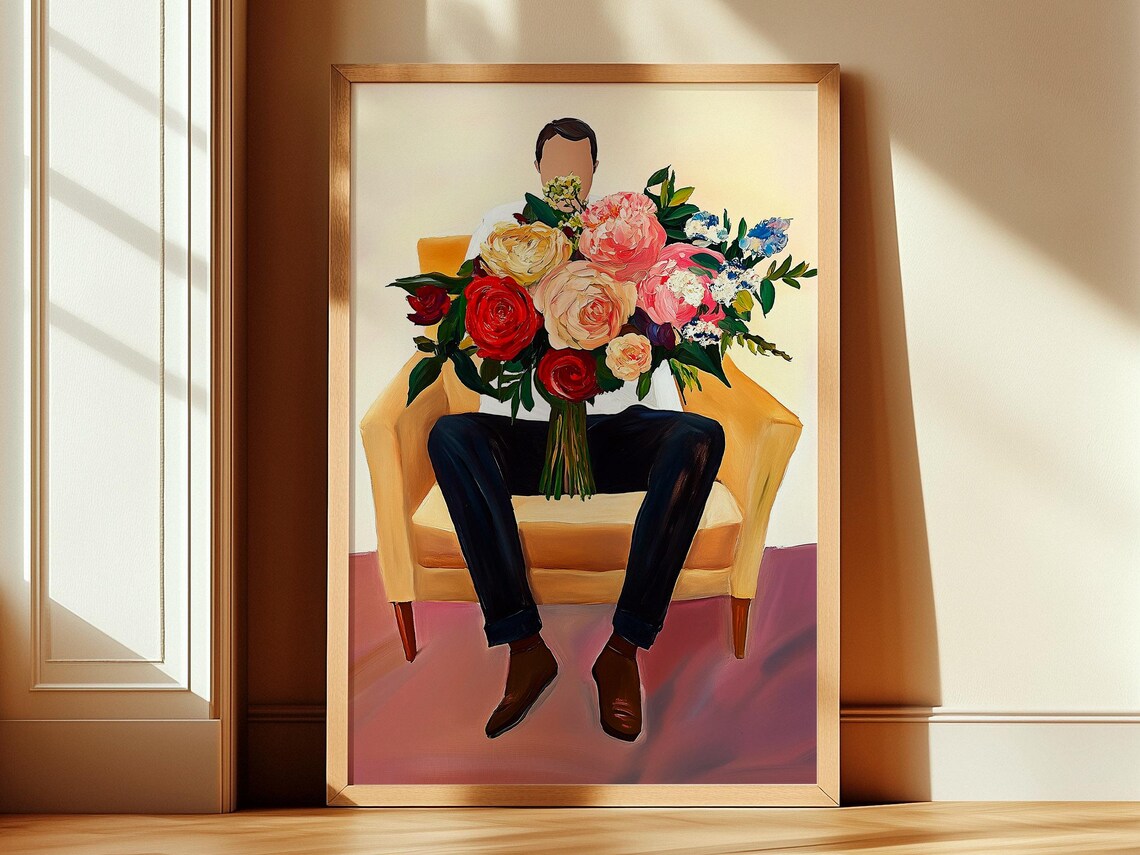Man with Huge Flower Bouquet Fauvist Oil Painting Style Poster
