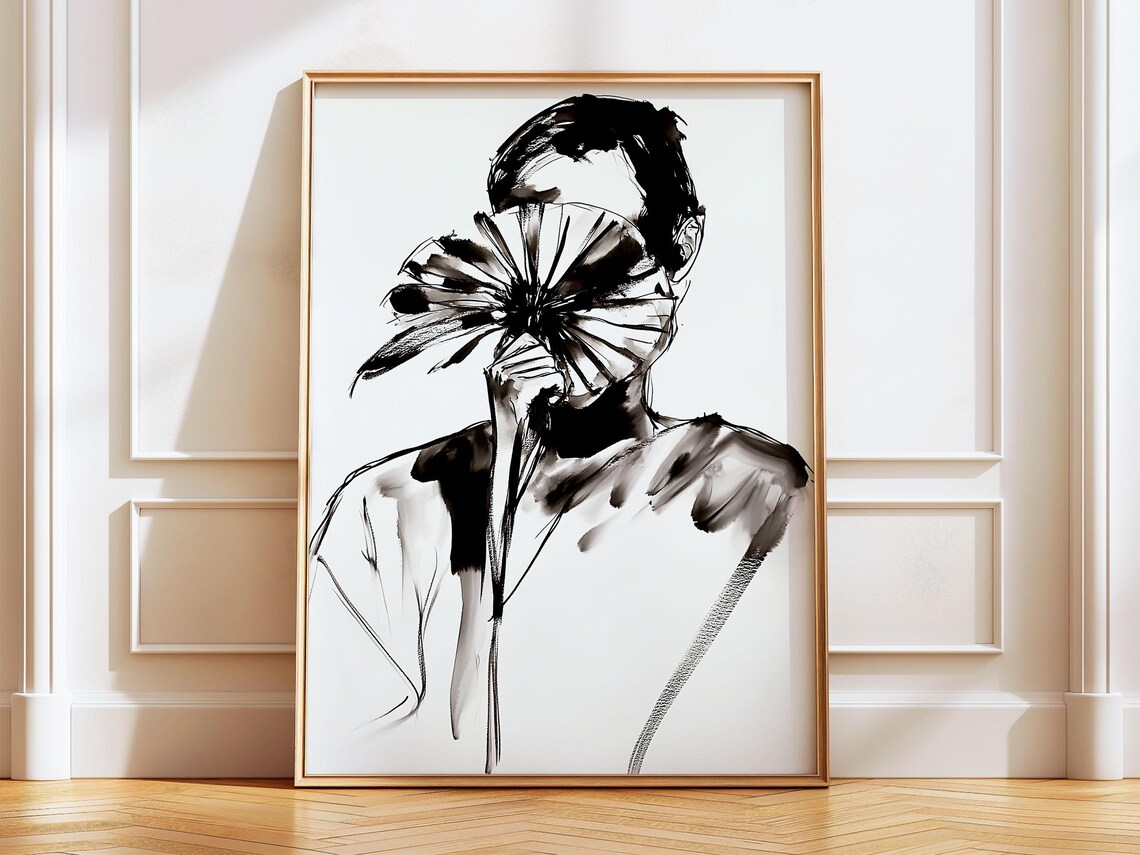 Black Ink Woman with Fan Japanese Sumi Style Portrait Poster
