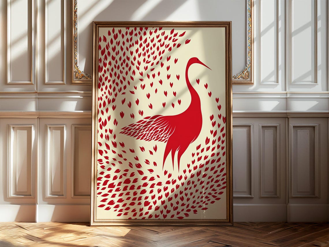 Graceful Red Crane Bird Among Petal Shower Elegant Abstract Poster