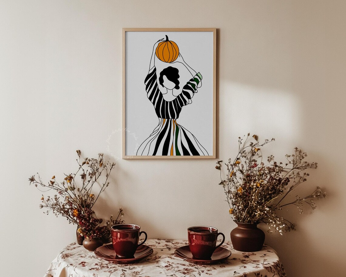 Woman Holding Pumpkin Overhead Striped Dress Fall Art Poster - Image 3