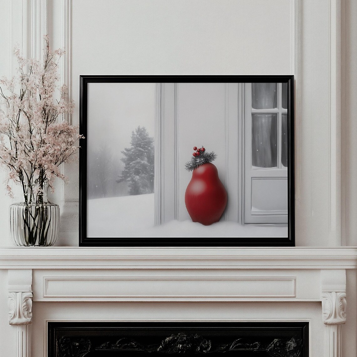 Red Matryoshka Doll Snowing Windowsill Winter Scene Painting Poster - Image 2