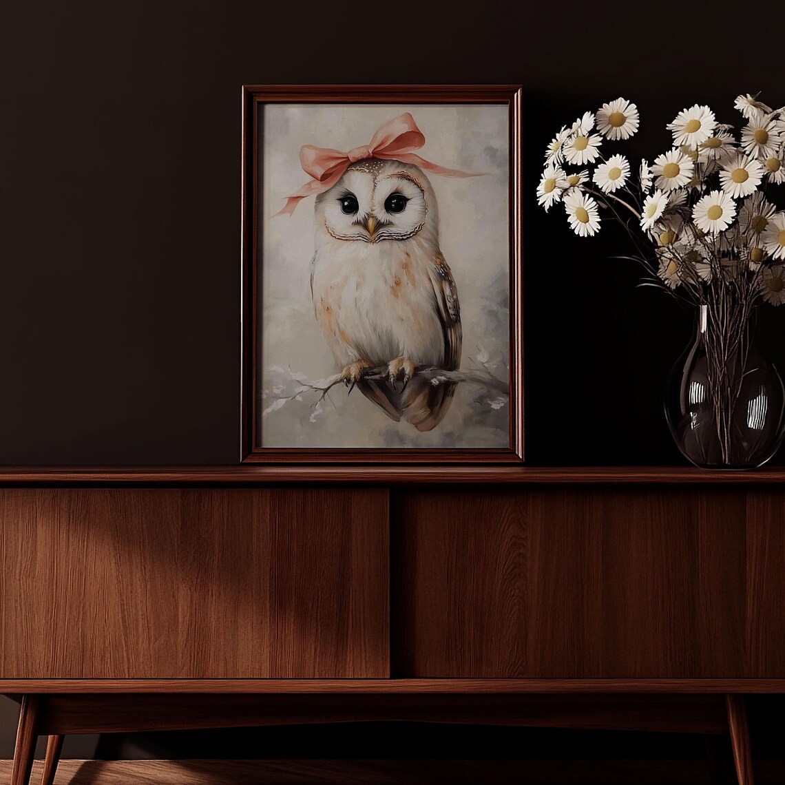 Sweet White Owl Peach Ribbon Bow Winter Bird Portrait Art Poster - Image 2