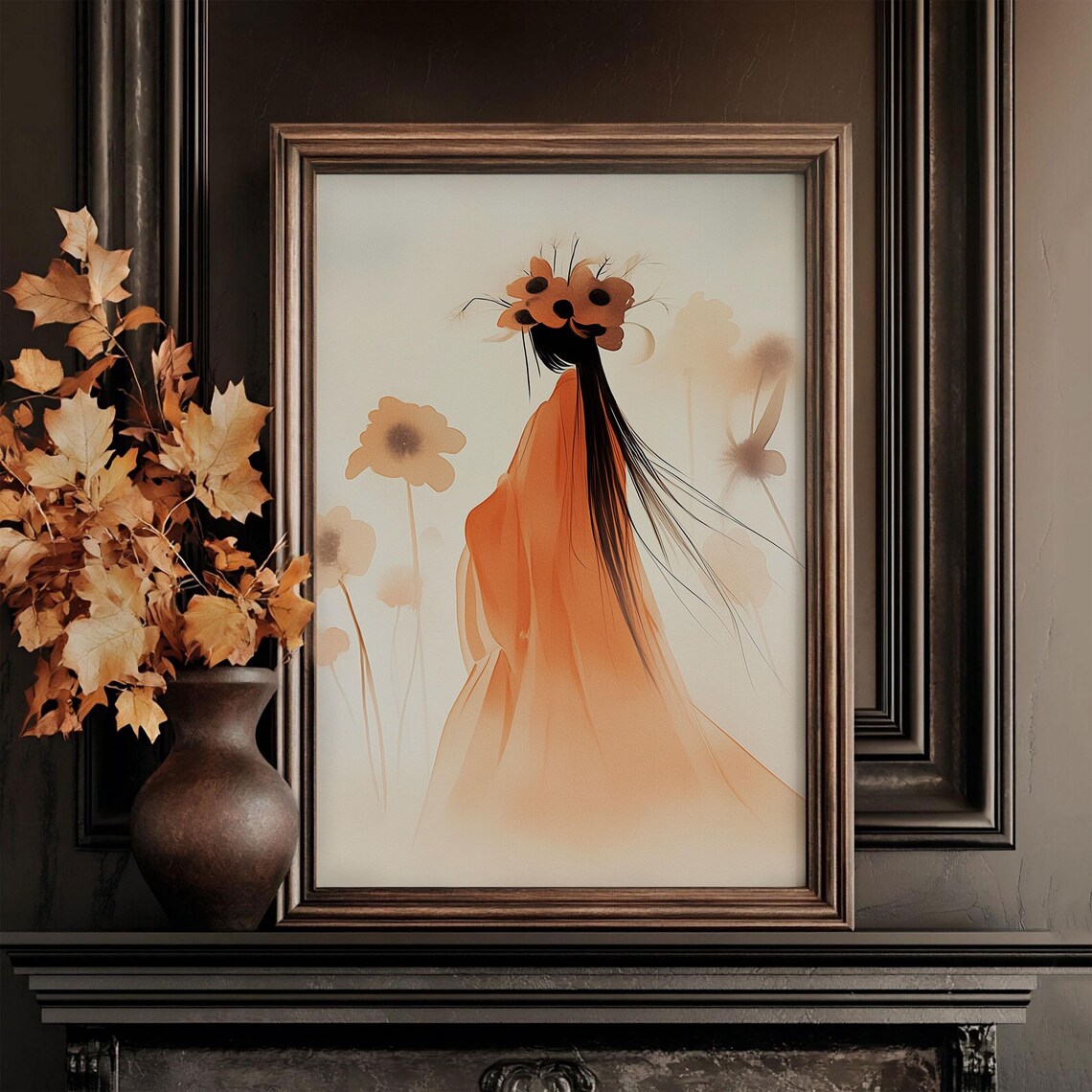Japanese Woman Orange Kimono Watercolor Portrait Floral Art Poster - Image 4