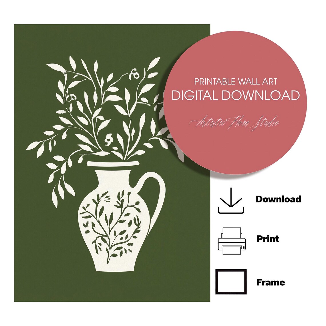 White Olive Branch Vase Silhouette Olive Green Minimalist Poster - Image 3