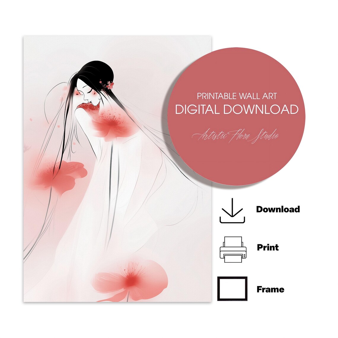 Unique Woman Portrait Art Print Japanese Illustration Wall Art Feminine Bedroom Decor Beautiful Painting Pink Delicate Pastel Floral 149 - Image 2