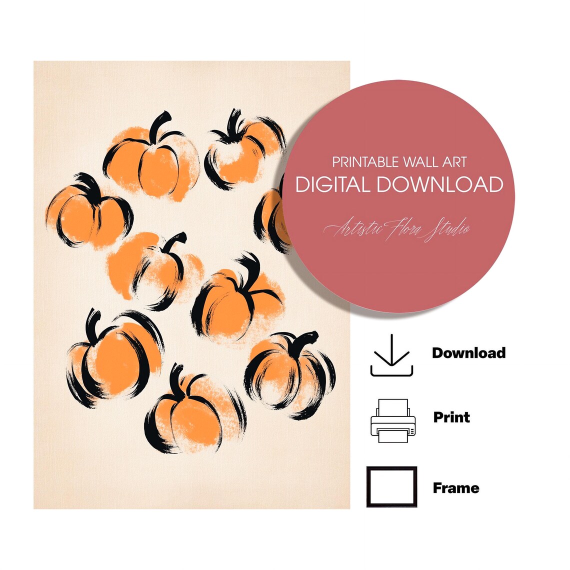 Nine Orange Pumpkins Brush Stroke Minimalist Autumn Art Poster - Image 3