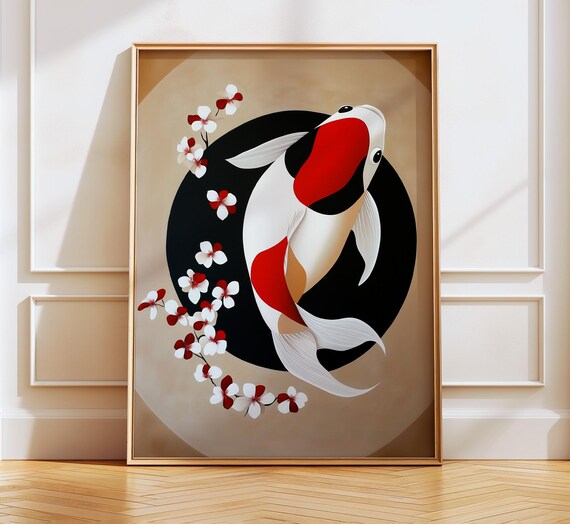 Koi Fish Japandi Artwork Contemporary Decor Wall Art Circle Graphic Floral Motive Art Poster Dresser Display Beautiful Home 04