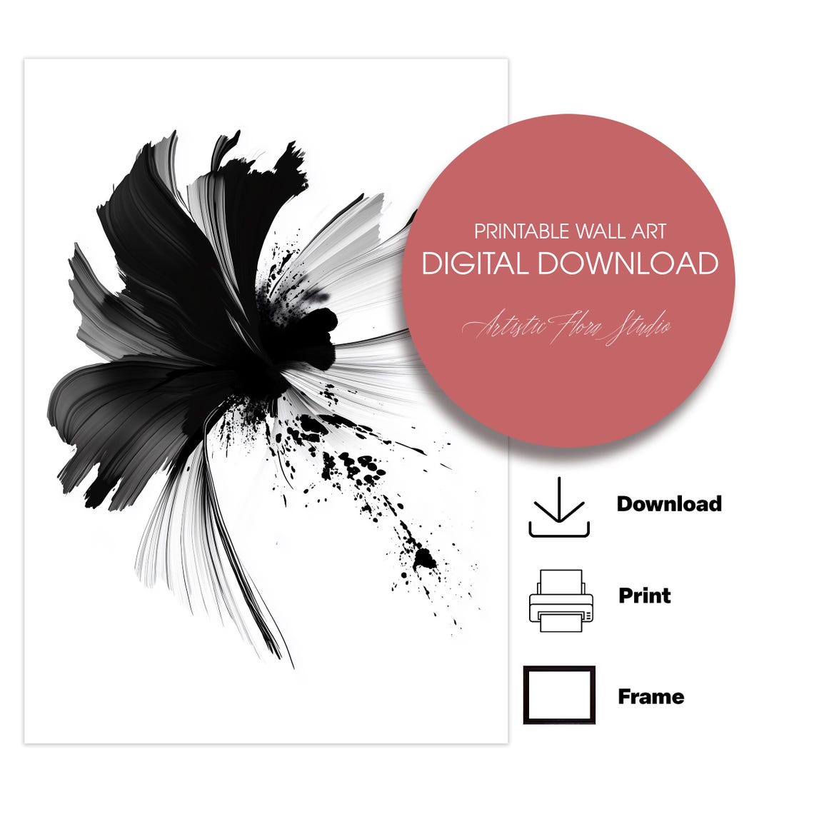 Black Ink Brush Abstract Flower Modern Minimalist Art Poster - Image 2