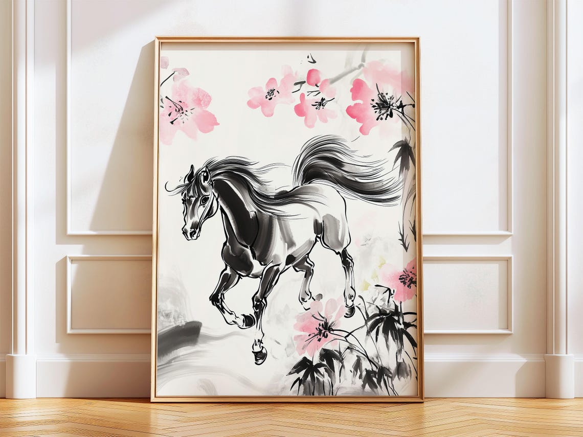 Galloping Horse Cherry Blossom Asian Ink Wash Painting Poster