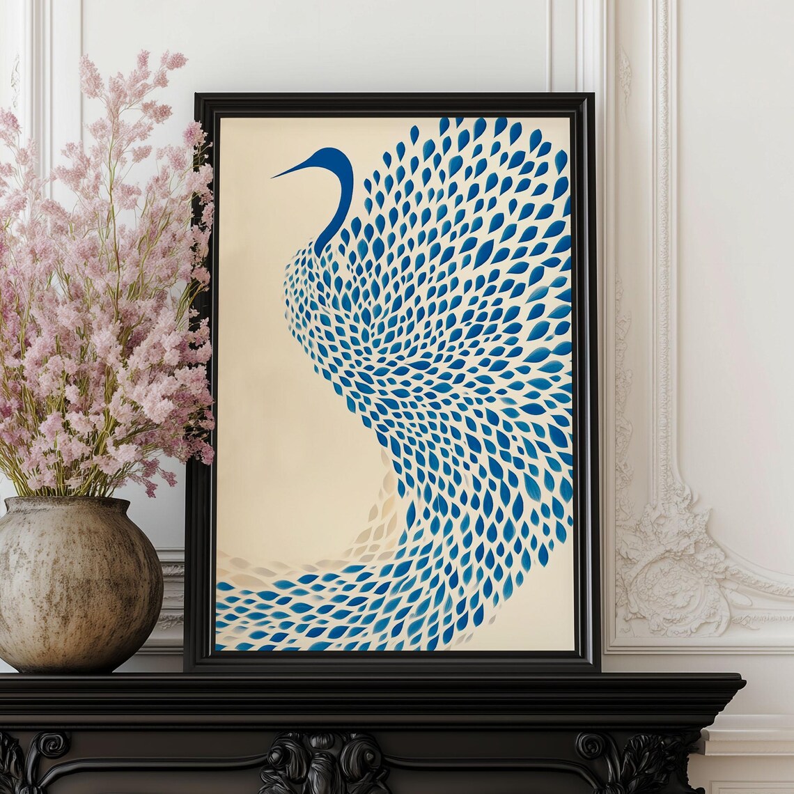 Blue Dotted Egret Petal Design Japandi Minimalist Art Poster - Image 4