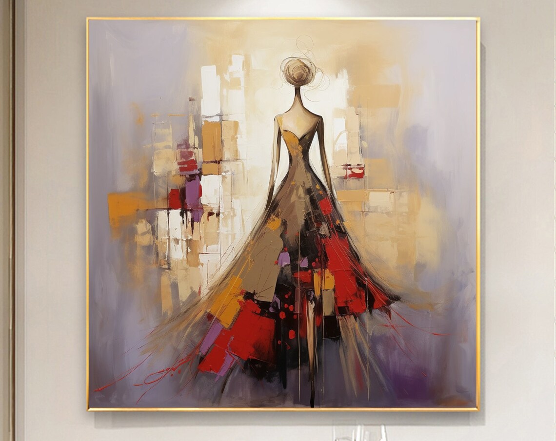 Elegant Woman Flowing Red Dress Abstract City Back View Poster