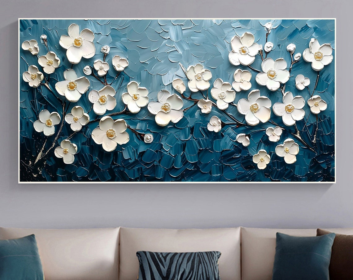 White Blossom Branches on Teal Blue Textured Oil Painting Poster