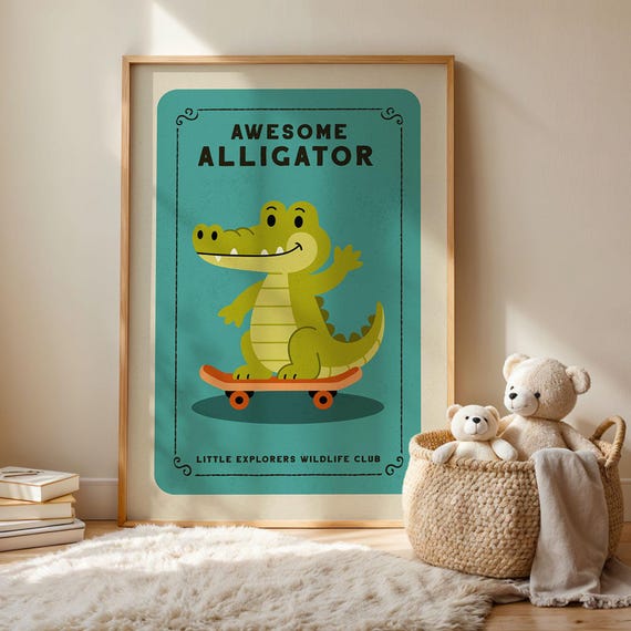 Awesome Alligator Nursery Poster Fun Jungle Animal Print Playroom Wall Decor Baby Shower Gift Idea
