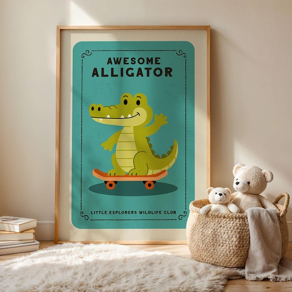 Awesome Alligator Nursery Print Funny Skateboard Gator Kids Room Decor