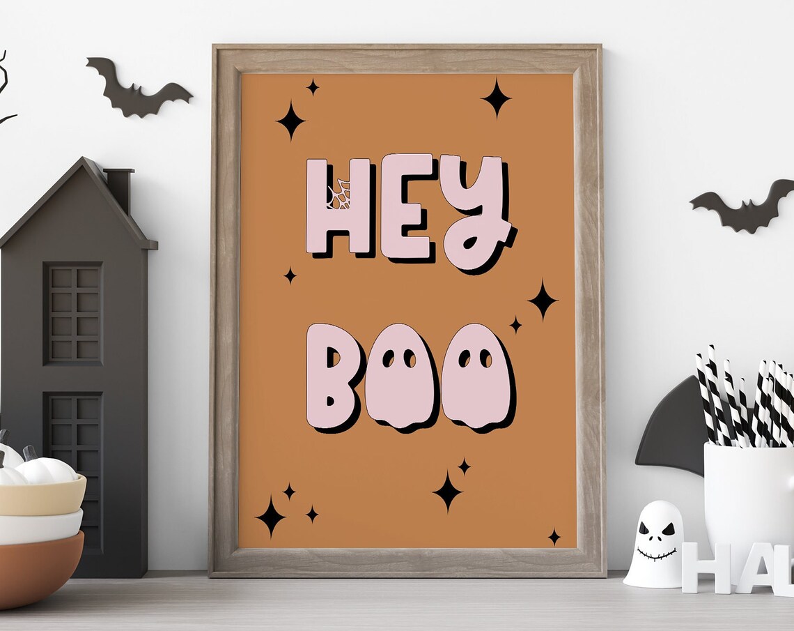 Cute Hey Boo Halloween Pink Lettering on Orange Background Poster