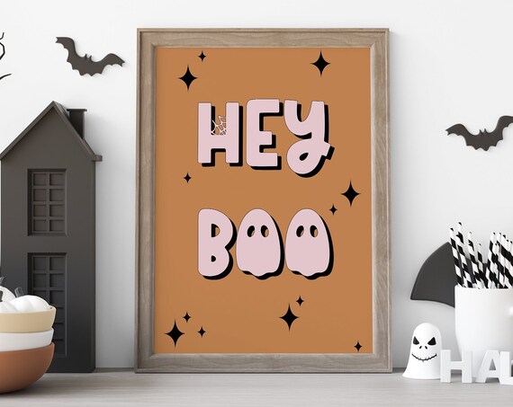 Cute Hey Boo Halloween Pink Lettering on Orange Background Poster
