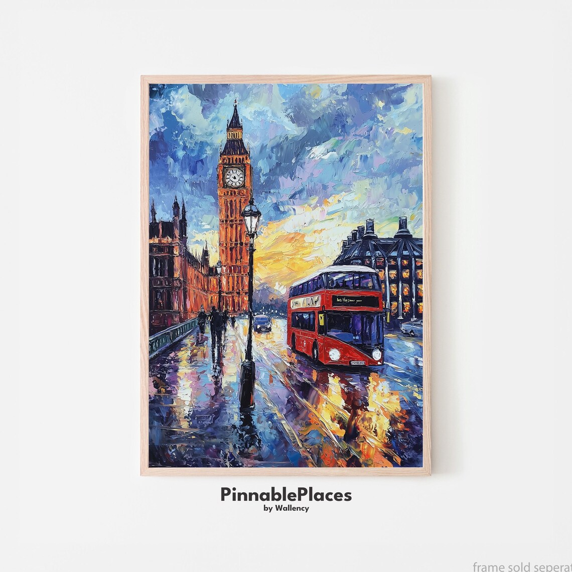 London Big Ben Red Double Decker Bus Impressionist Rainy Street Poster