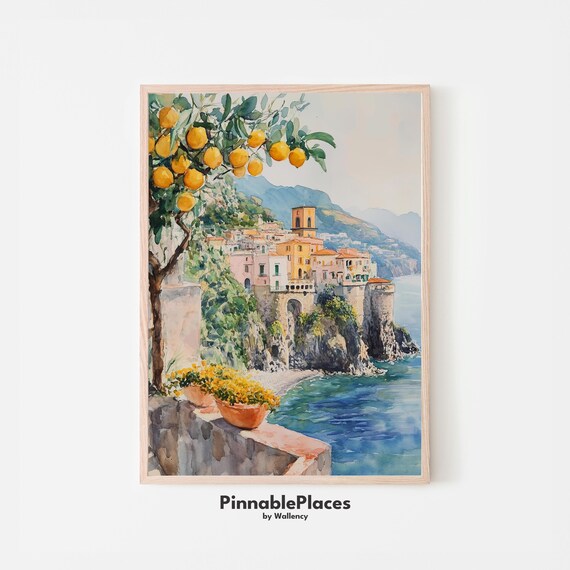Amalfi Coast Lemon Branch Watercolor Cliffside Town Italy Poster