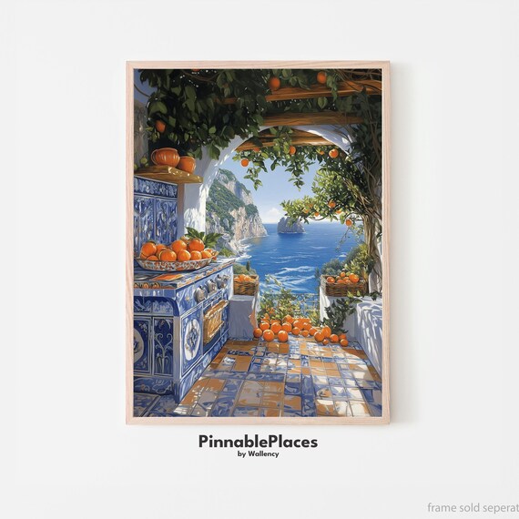 Amalfi Coast Orange Terrace Watercolor Poster Mediterranean Sea View Italy Art