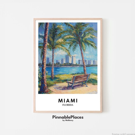 Miami Florida Park Bench Palm Trees Skyline Water Painting Travel Poster