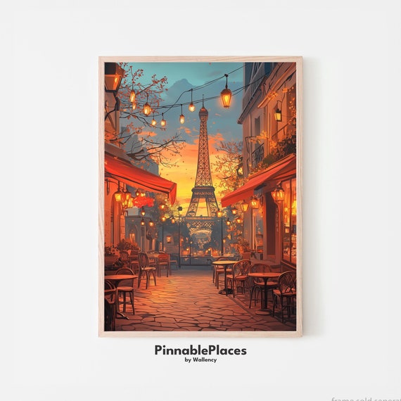 Eiffel Tower Art Print Paris Cafe Scene French Cityscape File