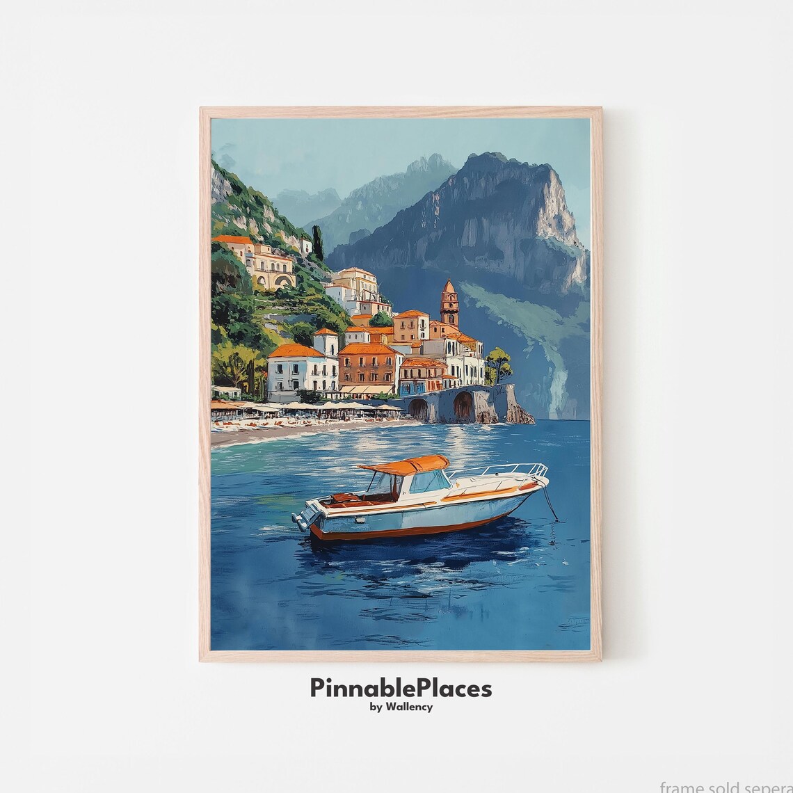 Amalfi Coast Italy Boat on Turquoise Water Gouache Art Poster