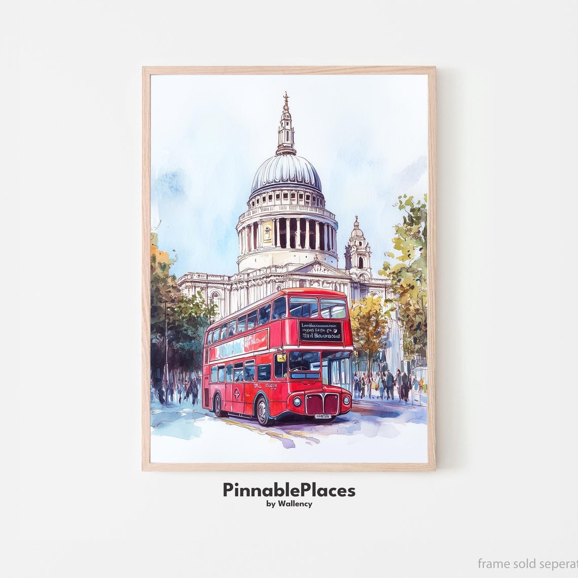 St Pauls Cathedral London Red Double Decker Bus Watercolor Poster
