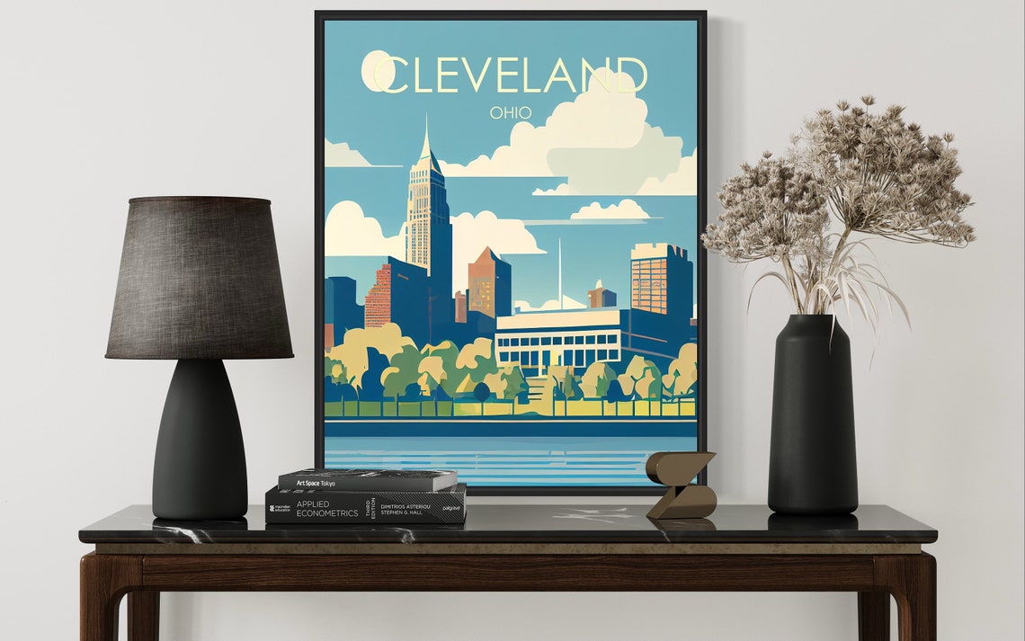 Cleveland Ohio Retro Skyline Poster with Lake Erie Waterfront - Image 3
