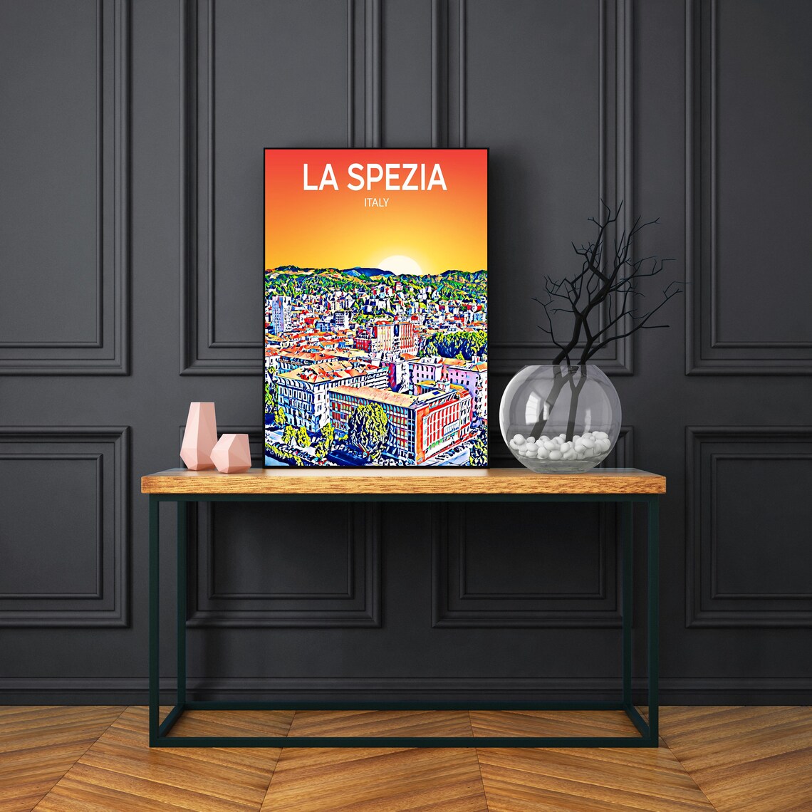 La Spezia Italy Sunset Skyline Vibrant Mosaic Cityscape Art Poster - Image 3