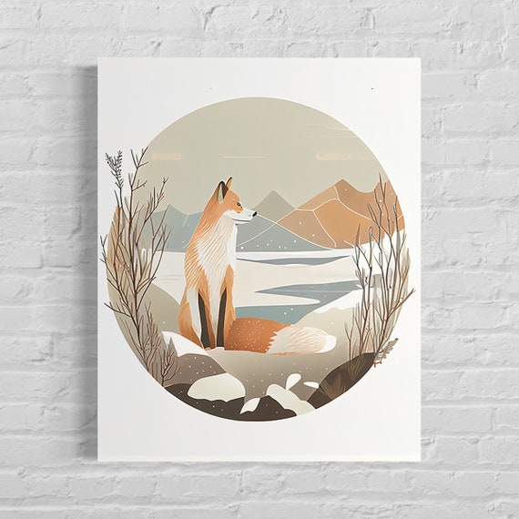 Red Fox Sitting Beside a Frozen Winter Lake Circle Art Poster