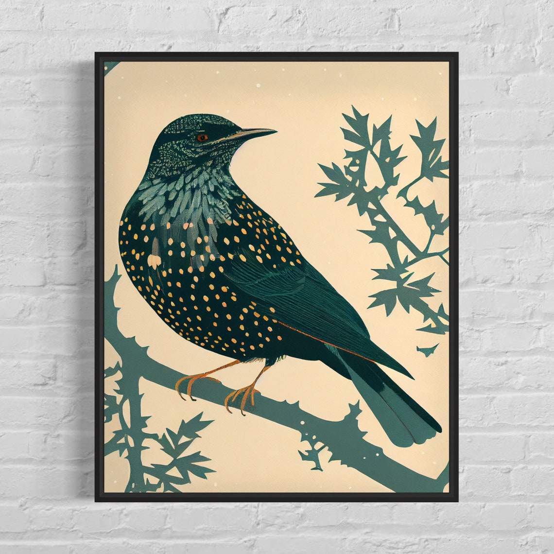 Starling Bird Retro Speckled Plumage Branch Illustration Poster