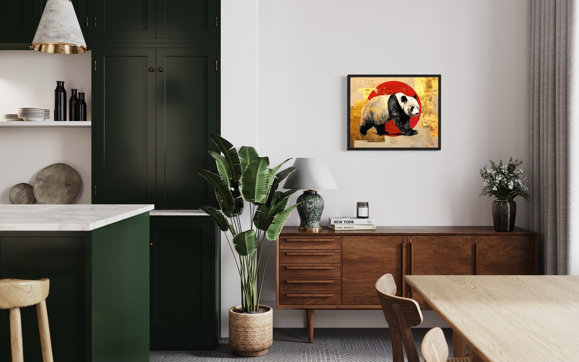 Giant Panda Striding Past Red Sun Asian Gold Art Style Poster - Image 2