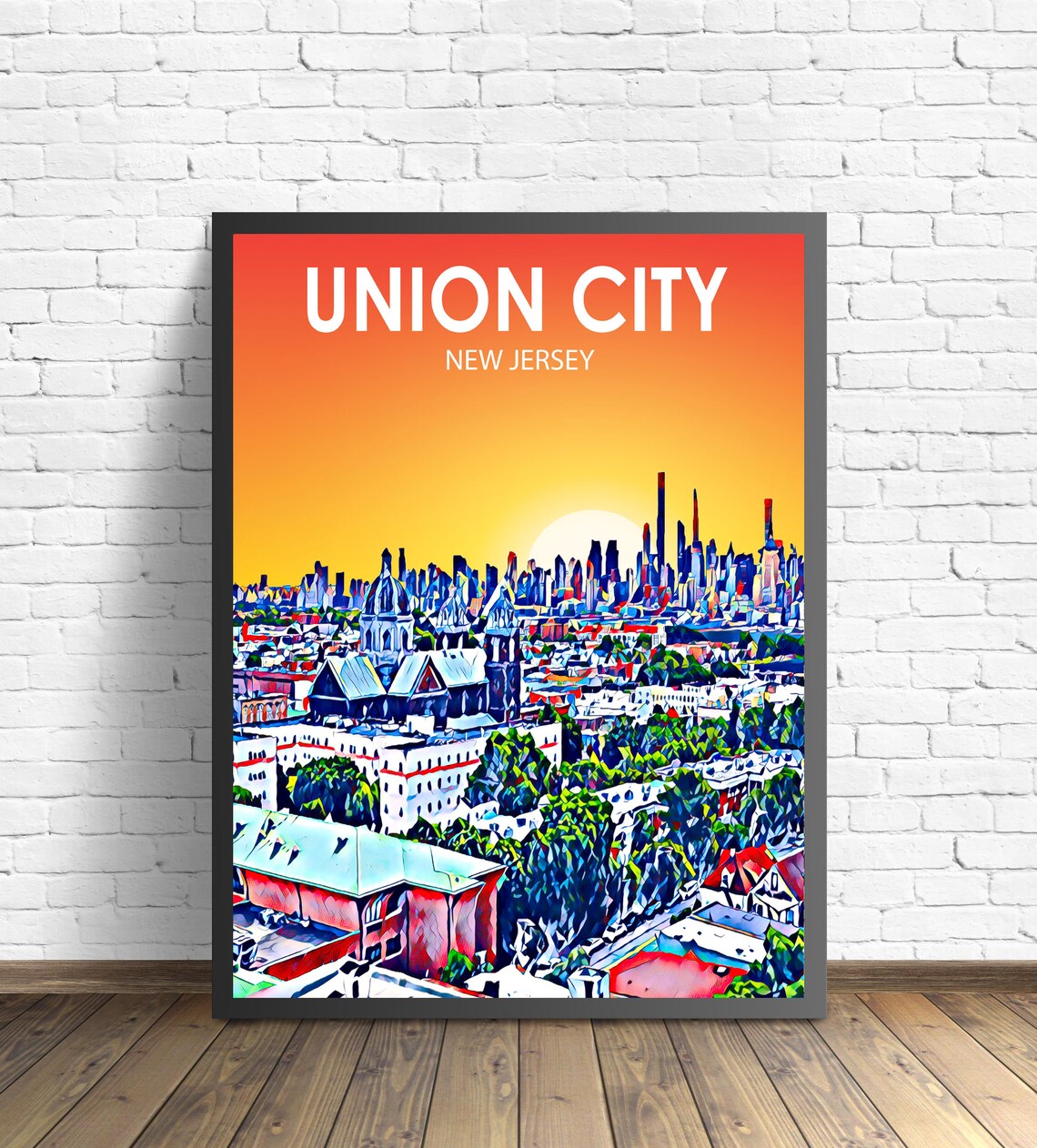 Union City New Jersey Sunset City Skyline Colorful Sketch Poster