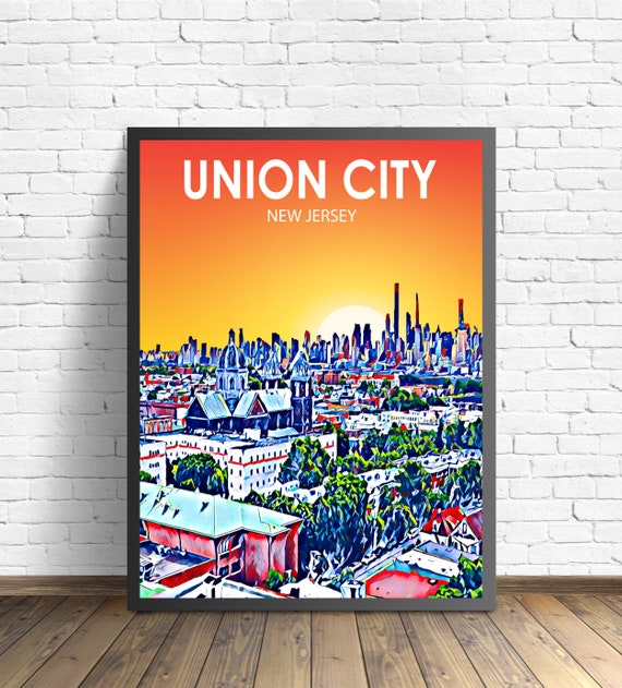 Union City New Jersey Sunset Landscape Poster Print Union City City Framed Wall Art Colorful Skyline Sketch Photo