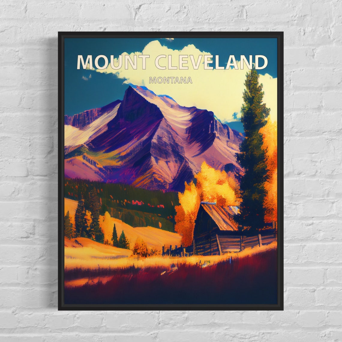 Mount Cleveland Montana Barn Autumn Meadow Rustic Travel Poster