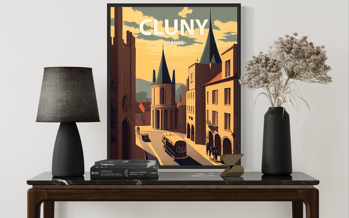 Cluny France Charming Old Town Church Spire Sunset Travel Poster - Image 3