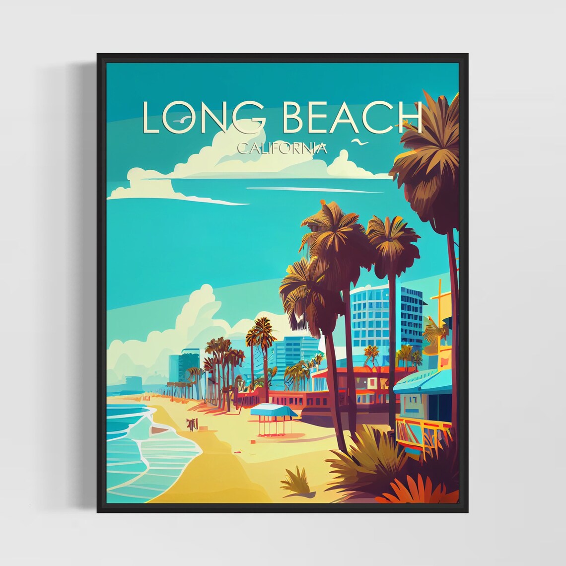 Long Beach California Retro Beachfront Palm Vintage Travel Poster