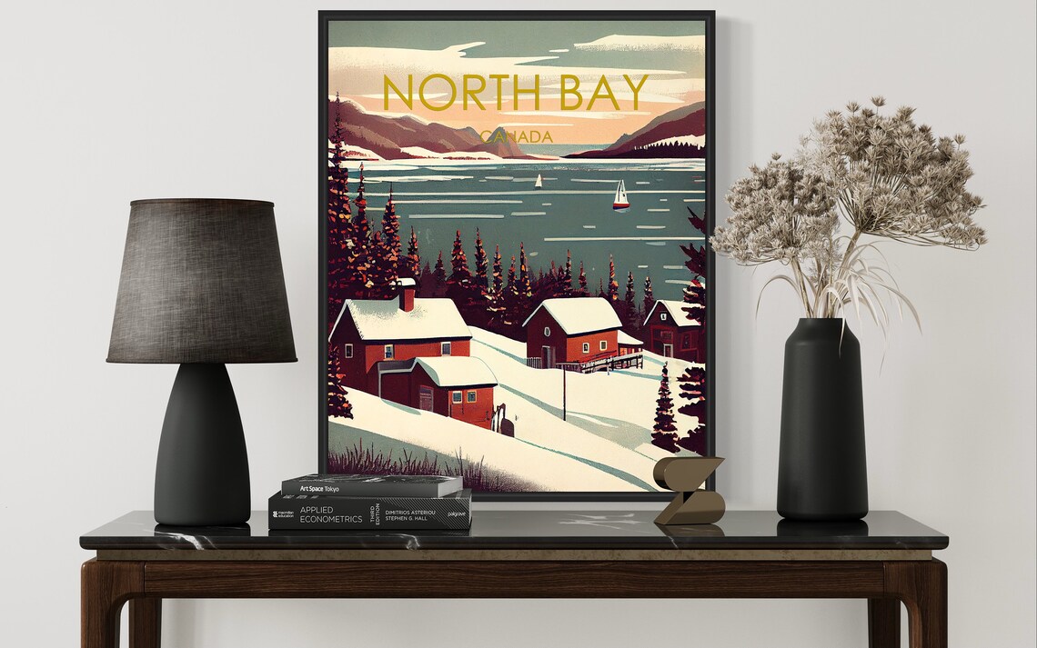 North Bay Canada Winter Snow Cabins Lakeside Sailboats Poster - Image 3