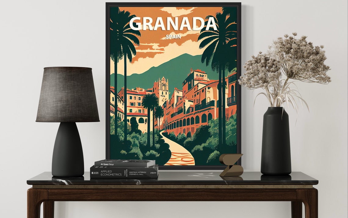 Granada Spain Old Town Palms Sunset Mountain View Travel Poster - Image 3