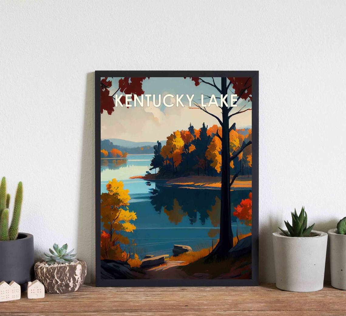 Tranquil Kentucky Lake Autumn Shoreline Golden Reflection Art Poster - Image 3