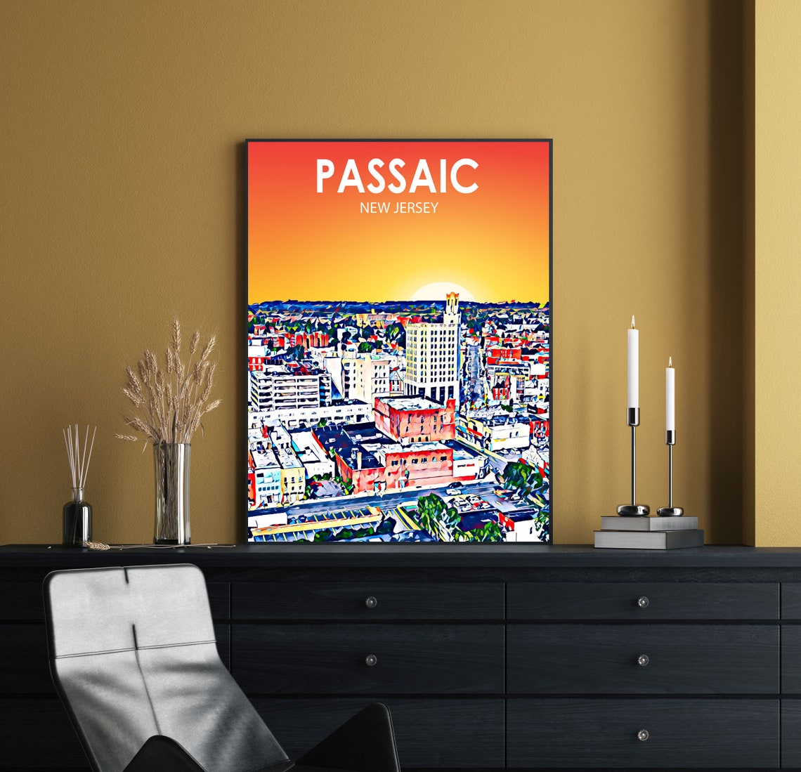 Passaic New Jersey Sunset Aerial Downtown Vibrant Skyline Poster - Image 2