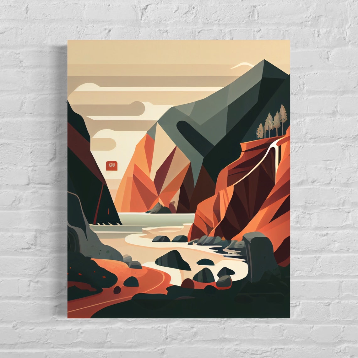Geometric Red Rock Coastal Cliffs and Cove Minimal Landscape Poster