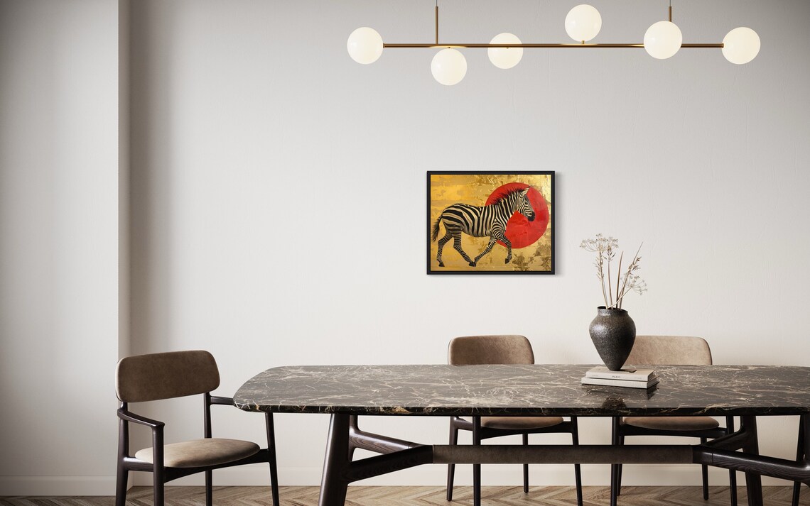 Zebra Walking Before Red Sun Gold Leaf African Wildlife Art Poster - Image 2