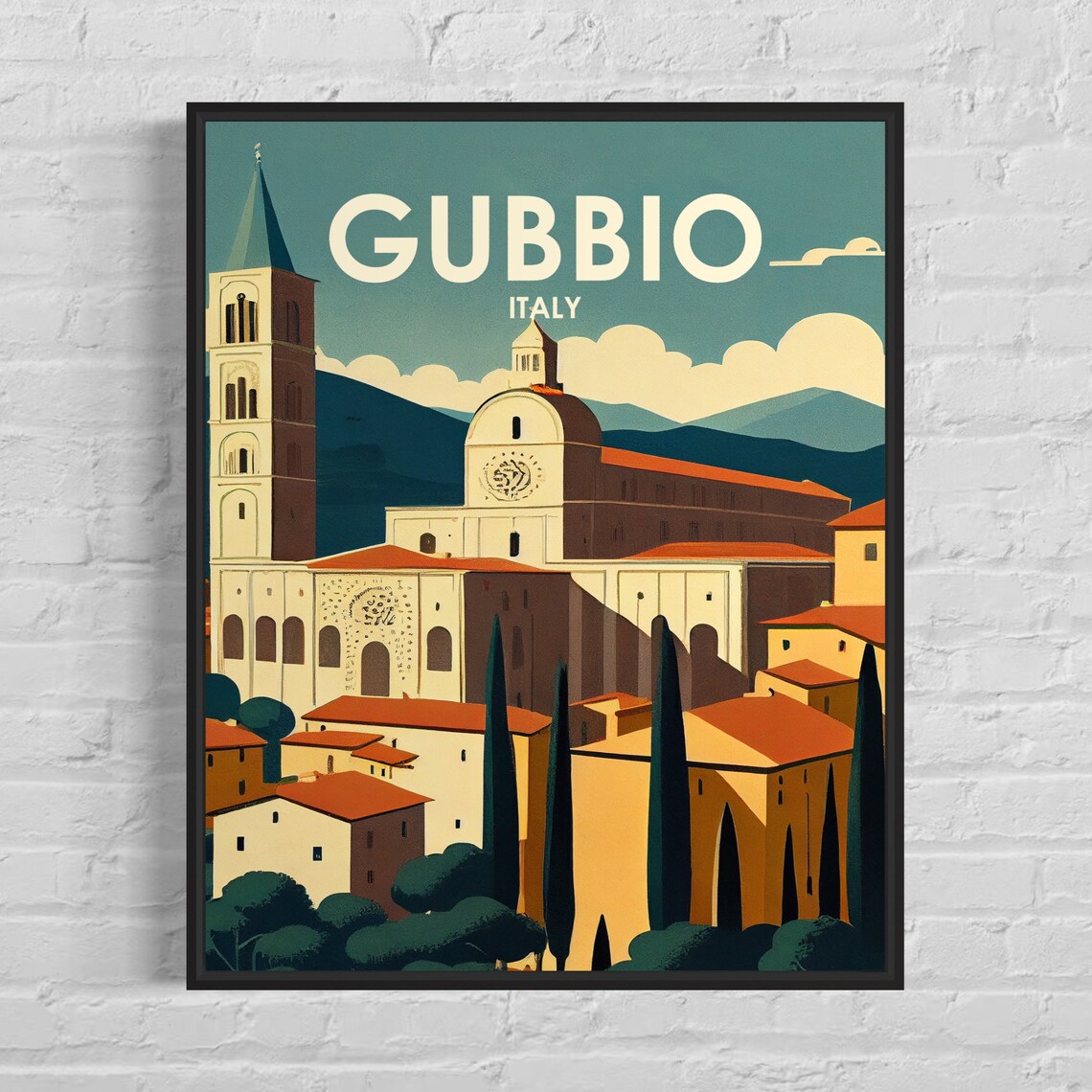 Gubbio Italy Medieval Hilltop Town Cathedral Vintage Travel Poster